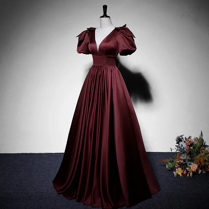 Luxe Satin Long Evening Dress Burgundy Deep V-Neck Puff Sleeve for Women