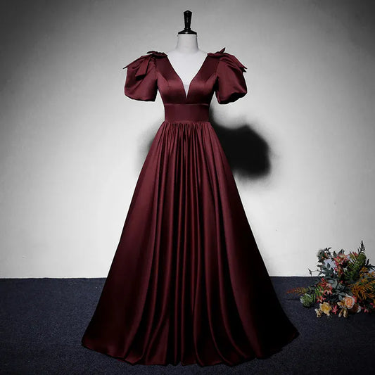 Luxe Satin Long Evening Dress Burgundy Deep V-Neck Puff Sleeve for Women