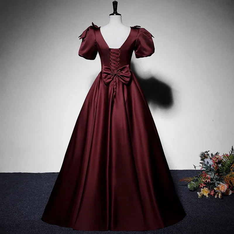 Luxe Satin Long Evening Dress Burgundy Deep V-Neck Puff Sleeve for Women