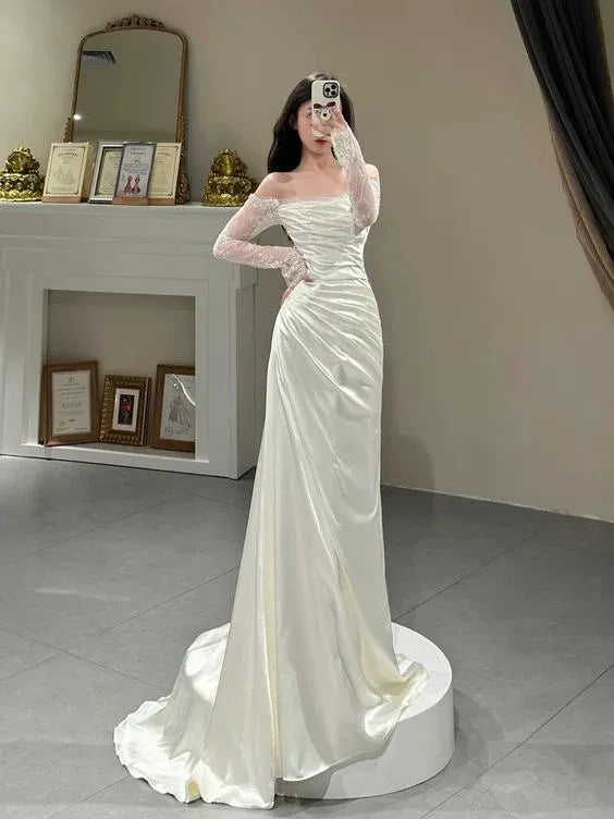 Luxe Satin Train Evening Dress Ivory Off-Shoulder Lace-Sleeve for Women
