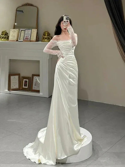 Luxe Satin Train Evening Dress Ivory Off-Shoulder Lace-Sleeve for Women