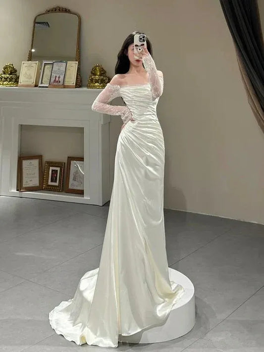 Luxe Satin Train Evening Dress Ivory Off-Shoulder Lace-Sleeve for Women
