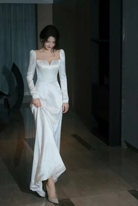 Luxe Sheath Square-Neck Long-Sleeve Satin Ivory Maxi Evening Dress for Women