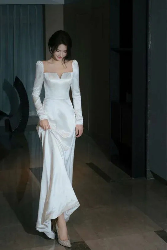 Luxe Sheath Square-Neck Long-Sleeve Satin Ivory Maxi Evening Dress for Women
