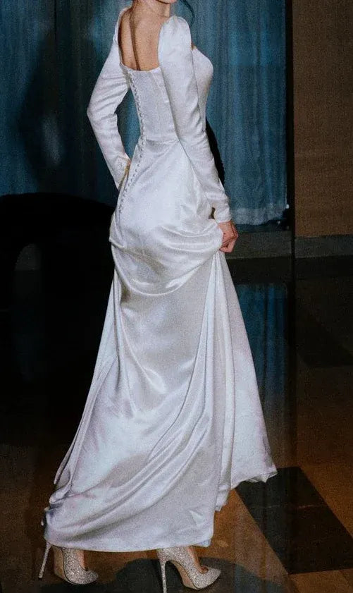 Luxe Sheath Square-Neck Long-Sleeve Satin Ivory Maxi Evening Dress for Women