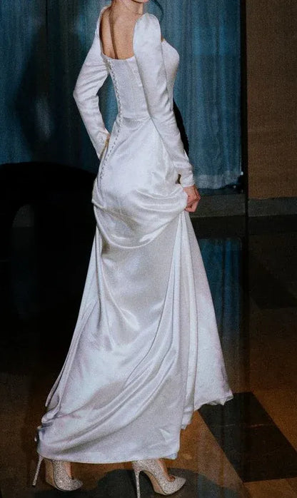 Luxe Sheath Square-Neck Long-Sleeve Satin Ivory Maxi Evening Dress for Women