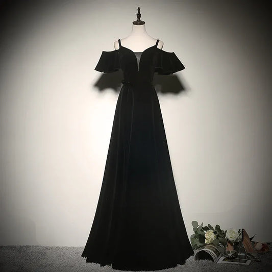 Luxe Velvet Long Evening Dress Black Off-Shoulder Spaghetti-Strap Party Gown for Women