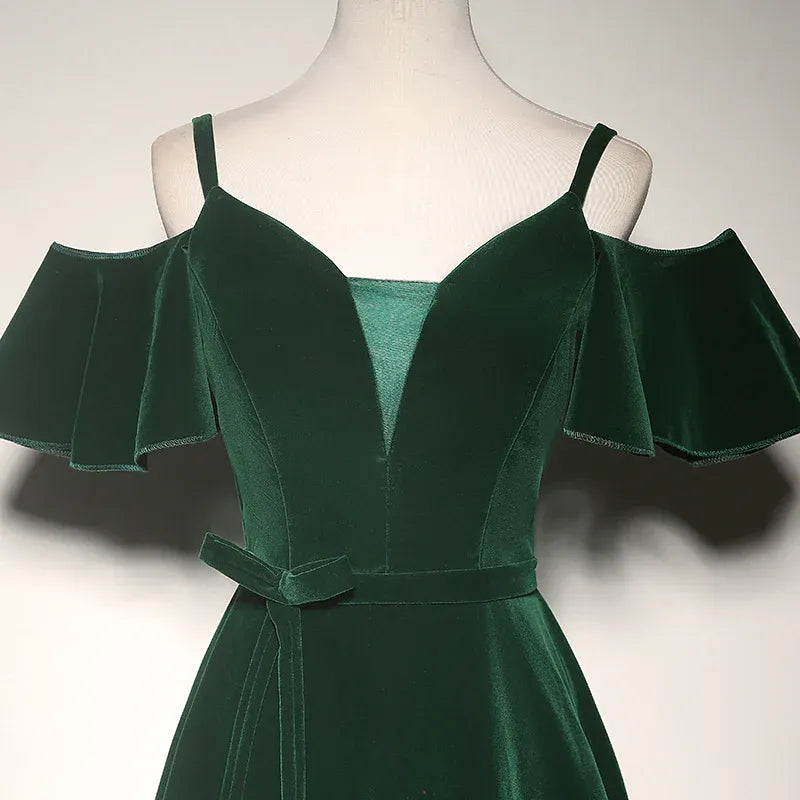 Luxe Velvet Long Evening Dress Emerald Off-Shoulder Flounce Sleeve for Women