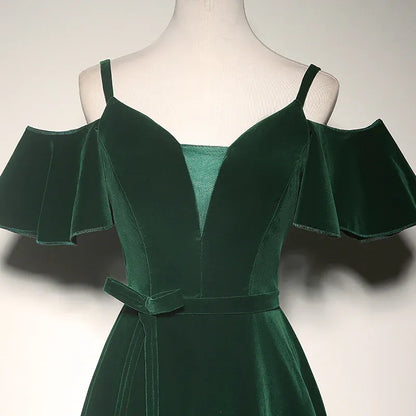 Luxe Velvet Long Evening Dress Emerald Off-Shoulder Flounce Sleeve for Women
