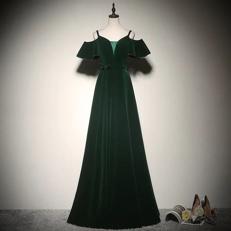 Luxe Velvet Long Evening Dress Emerald Off-Shoulder Flounce Sleeve for Women