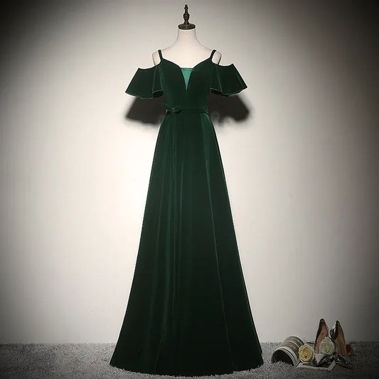 Luxe Velvet Long Evening Dress Emerald Off-Shoulder Flounce Sleeve for Women
