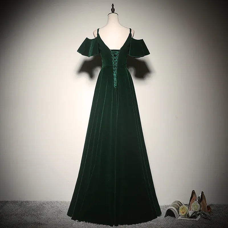 Luxe Velvet Long Evening Dress Emerald Off-Shoulder Flounce Sleeve for Women