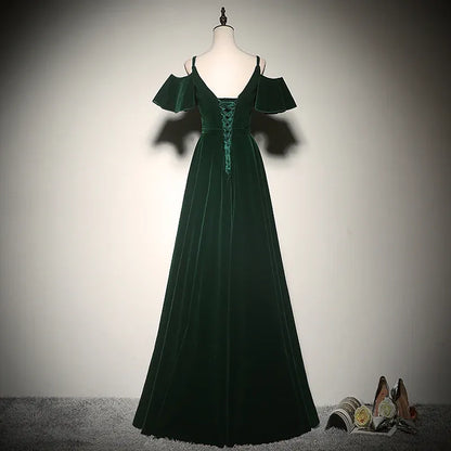 Luxe Velvet Long Evening Dress Emerald Off-Shoulder Flounce Sleeve for Women