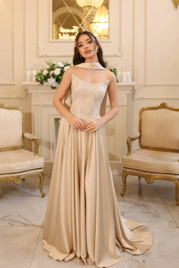 Luxurious A-Line Halter-Neck Sleeveless Open-Back Beaded Maxi Wedding Dress