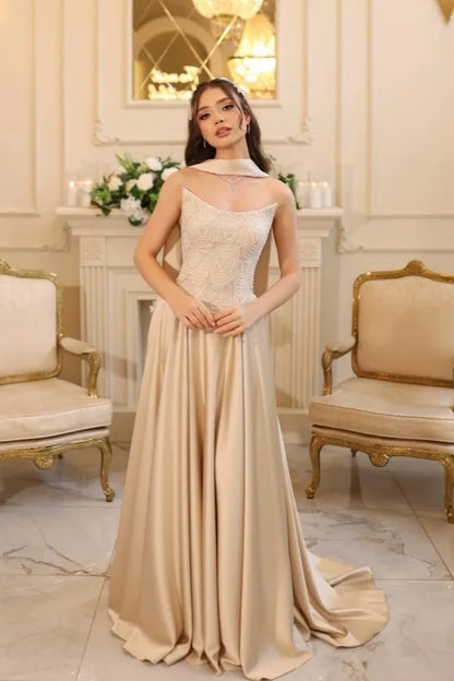 Luxurious A-Line Halter-Neck Sleeveless Open-Back Beaded Maxi Wedding Dress