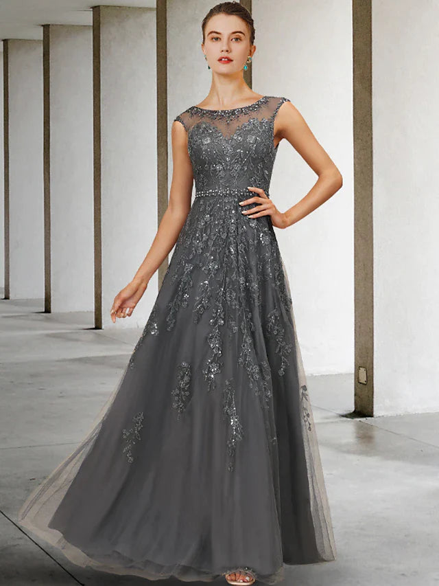Elegant A-Line Mother of the Bride Dress with jewel neck, lace tulle, beading, and sequin details.