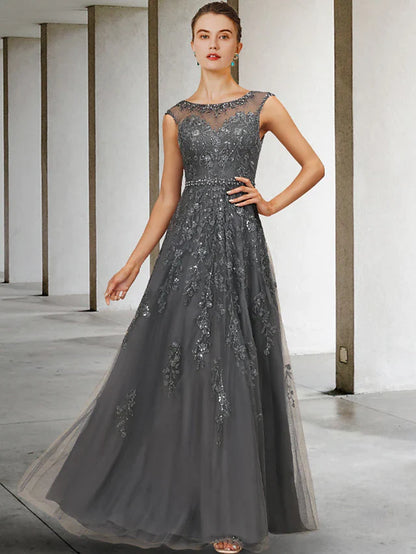 Elegant A-Line Mother of the Bride Dress with jewel neck, lace tulle, beading, and sequin details.