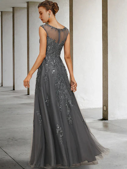 Back view of the A-Line Mother of the Bride Dress, showcasing lace tulle and sequin embellishments.