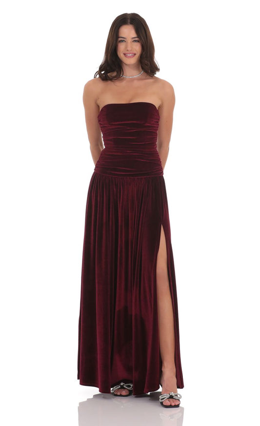 Luxurious A-Line Strapless Ruched Velvet Burgundy Floor-Length Prom Dresses