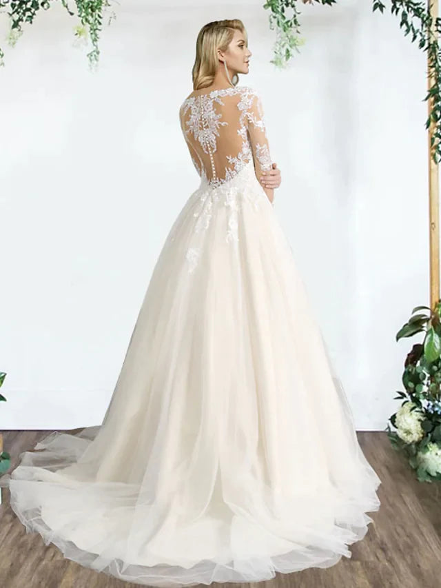 Back view of A-Line sweetheart lace tulle wedding dress, highlighting appliques and pleats.
