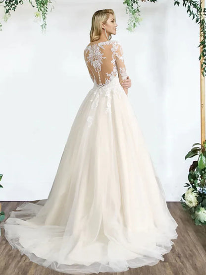 Back view of A-Line sweetheart lace tulle wedding dress, highlighting appliques and pleats.