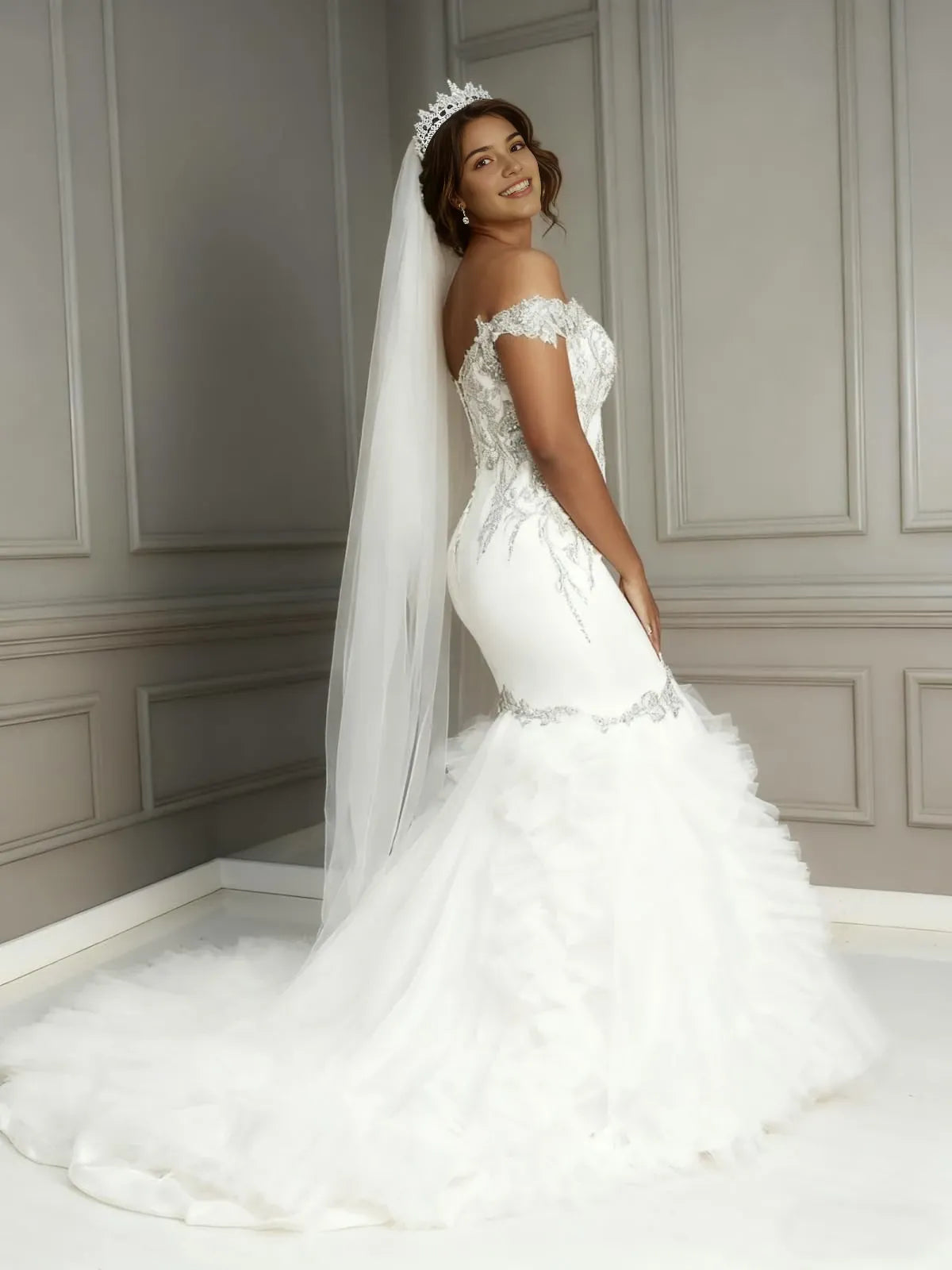 Luxurious Mermaid Sweetheart Neck Off-Shoulder Embellished Ruffled Train Wedding Dress