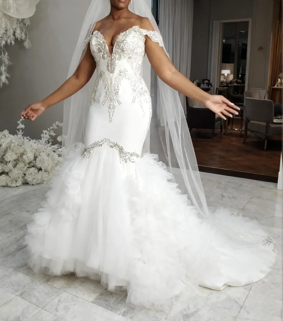 Luxurious Mermaid Sweetheart Neck Off-Shoulder Embellished Ruffled Train Wedding Dress