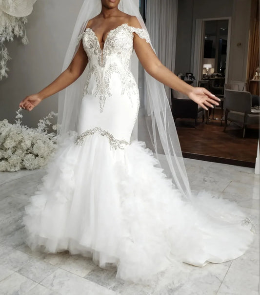Luxurious Mermaid Sweetheart Neck Off-Shoulder Embellished Ruffled Train Wedding Dress