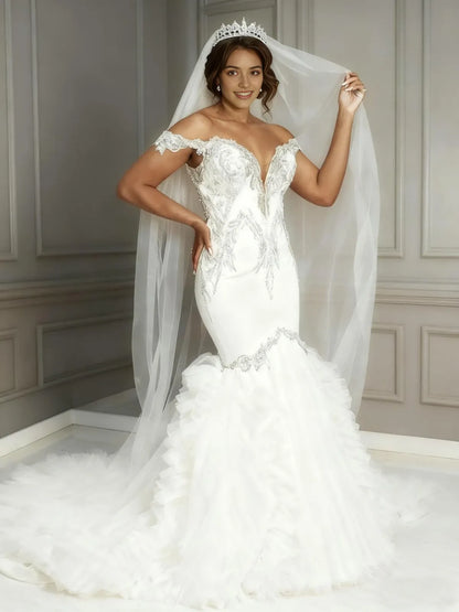 Luxurious Mermaid Sweetheart Neck Off-Shoulder Embellished Ruffled Train Wedding Dress