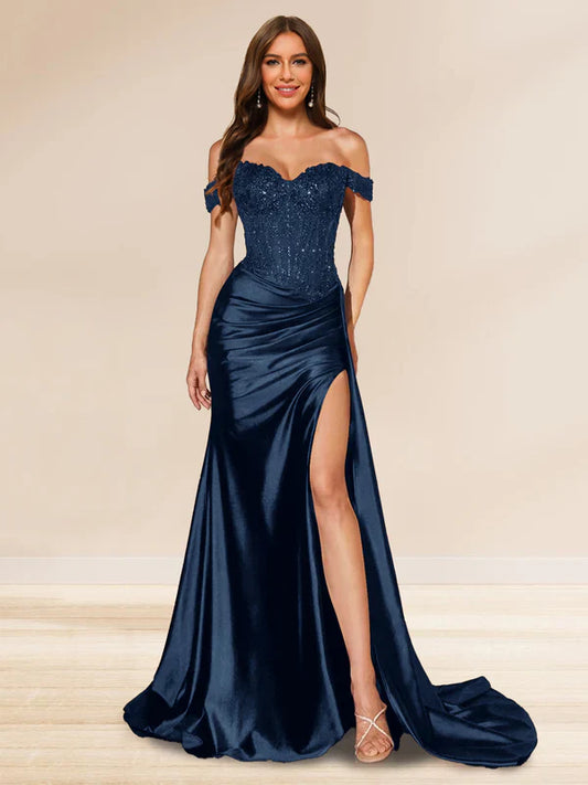 Luxurious Mermaid Off-Shoulder Open-Back Sequin-Embellished Navy Satin Train-Floor-Length Prom Dresses