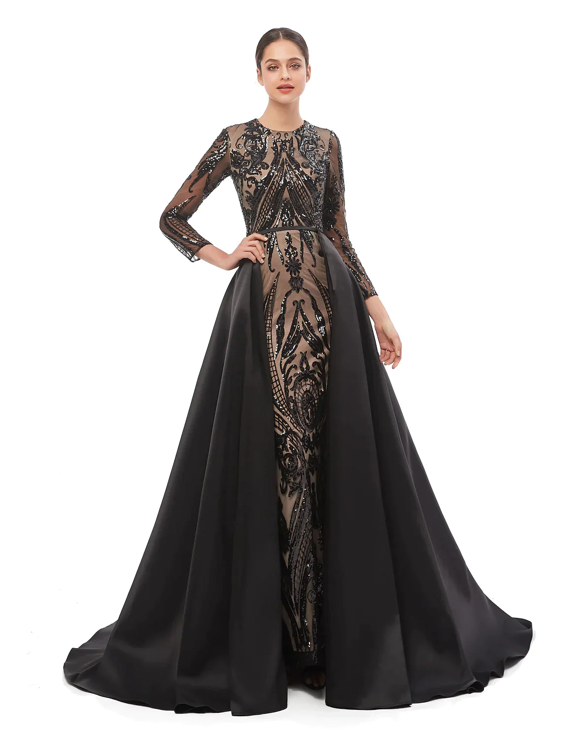 Close-up of the jewel neck and long sleeve sequin embellishments on the dress.