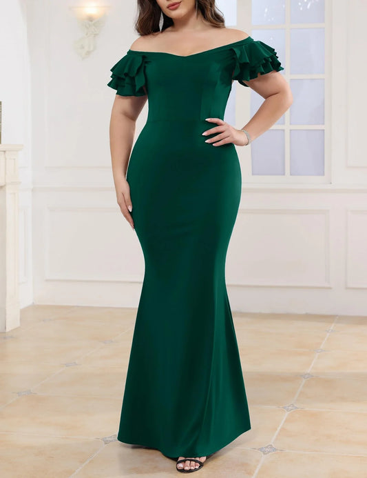 Luxurious Plus-Size Mermaid Off-Shoulder Ruffled-Sleeve Maxi Evening Dress