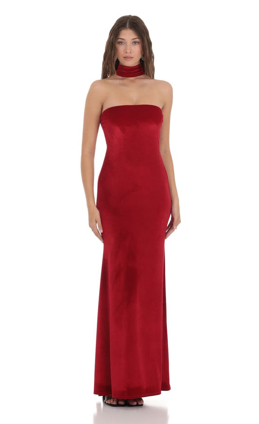 Luxurious Sheath Halter-Neck Strapless-Style Burgundy Velvet Floor-Length Prom Dresses
