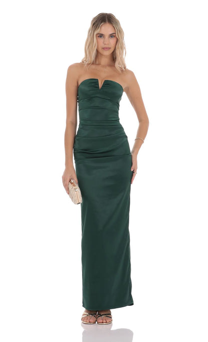 Luxurious Sheath Strapless Sleeveless Ruched-Accent Emerald Satin Floor-Length Prom Dresses