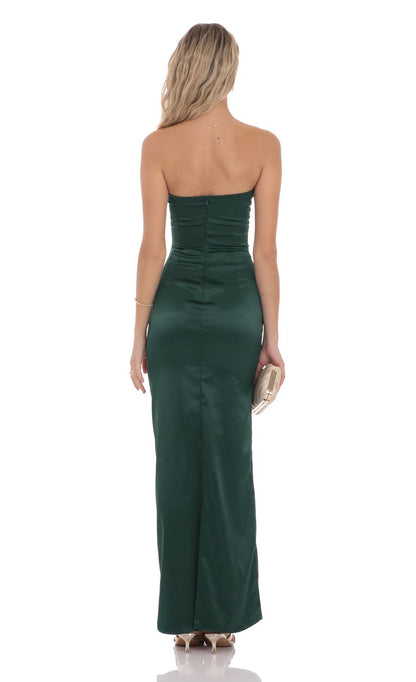 Luxurious Sheath Strapless Sleeveless Ruched-Accent Emerald Satin Floor-Length Prom Dresses