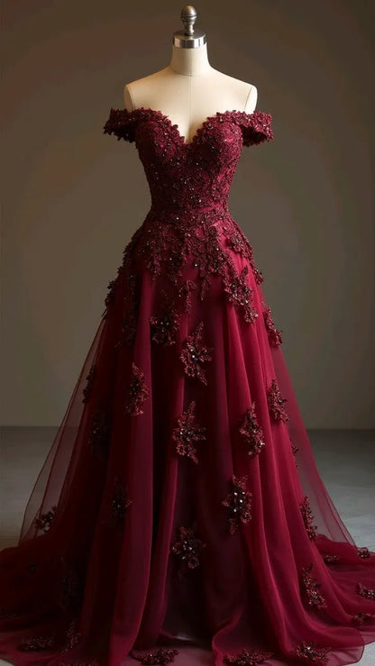 Luxurious Ball Gown Off-Shoulder Sleeveless Beaded Burgundy Maxi Prom Dress for Women Custom