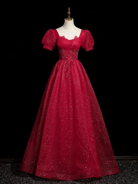 Luxurious Ball Gown Square Neck Short Sleeve Pleated Tulle Floor-Length Prom Dress