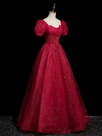 Luxurious Ball Gown Square Neck Short Sleeve Pleated Tulle Floor-Length Prom Dress