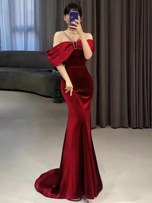 Luxurious Mermaid Off-Shoulder Short-Sleeve Pearl-Accent Burgundy Long Prom Dress for Women For Sale