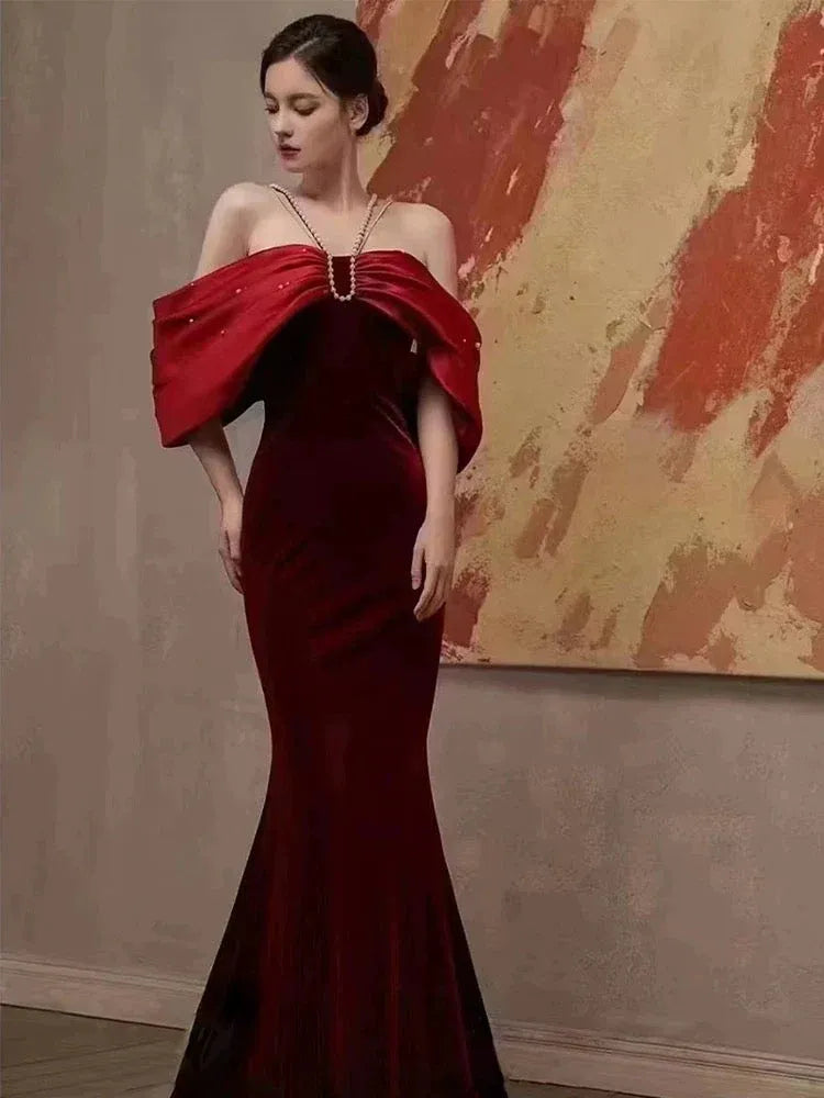 Luxurious Mermaid Off-Shoulder Short-Sleeve Pearl-Accent Burgundy Long Prom Dress for Women For Sale