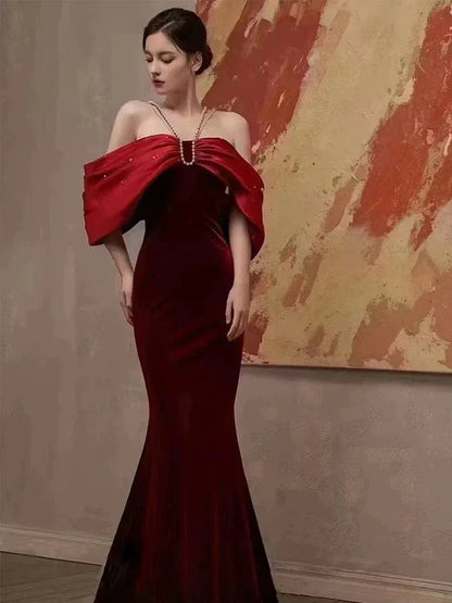 Luxurious Mermaid Off-Shoulder Short-Sleeve Pearl-Accent Burgundy Long Prom Dress for Women For Sale
