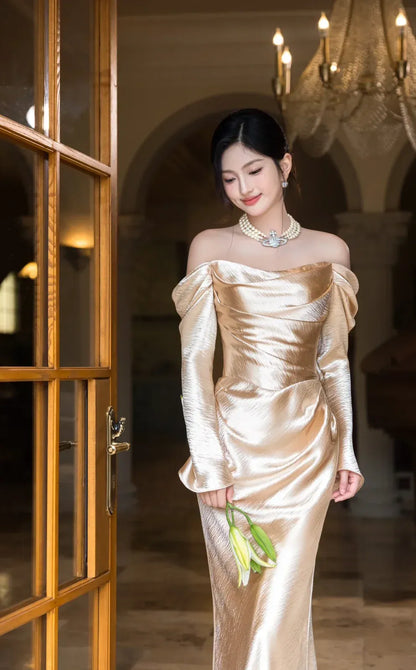 Luxurious Mermaid Off-the-Shoulder Long-Sleeve Draped Champagne Maxi Prom Dress for Women Custom