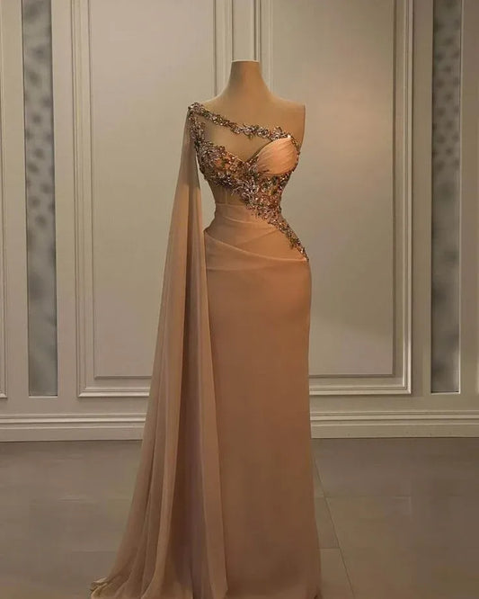 Luxurious Mermaid One-shoulder Sleeveless Embellished Nude Maxi Prom Dress for Women Custom