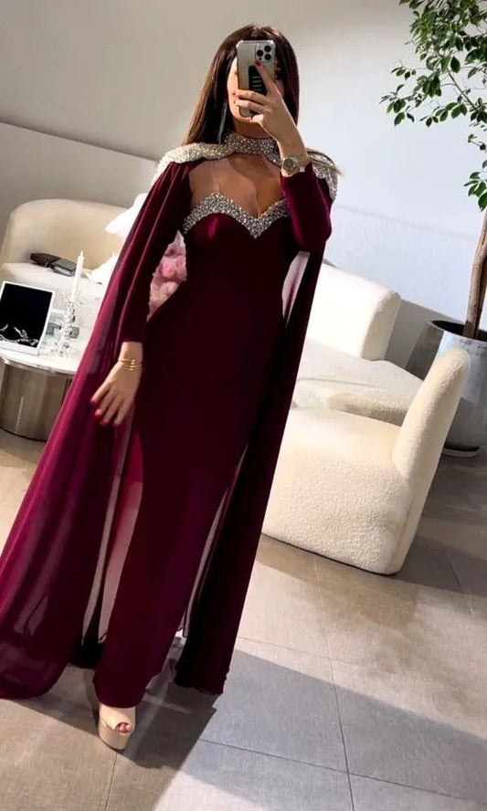 Luxurious Mermaid Sweetheart Long-Sleeve Cape Chiffon Burgundy Floor-Length Evening Dress for Women