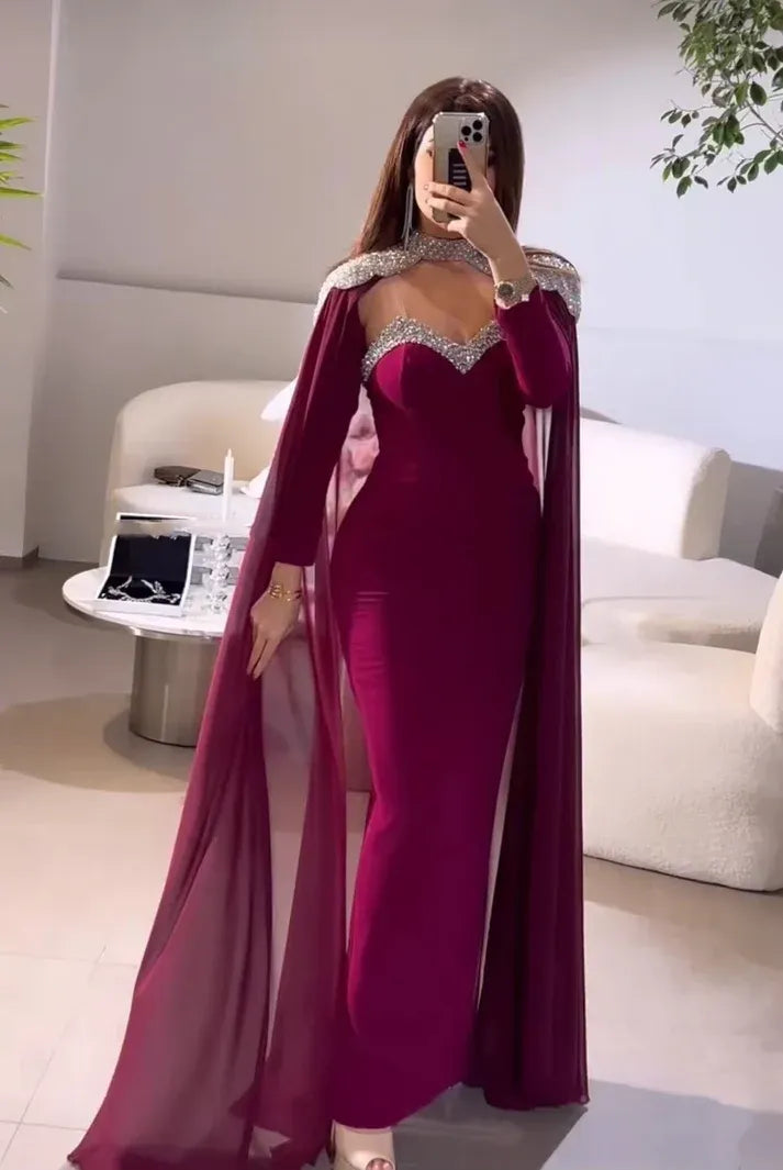 Luxurious Mermaid Sweetheart Long-Sleeve Cape Chiffon Burgundy Floor-Length Evening Dress for Women