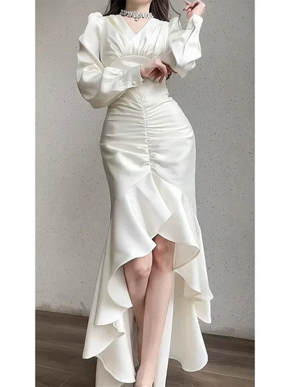 Luxurious Mermaid V-Neck Long-Sleeve Ruffle-Accented White Maxi Prom Dress for Women Custom