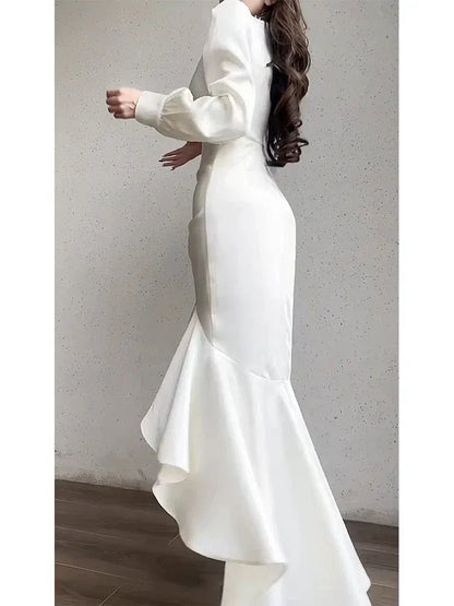Luxurious Mermaid V-Neck Long-Sleeve Ruffle-Accented White Maxi Prom Dress for Women Custom