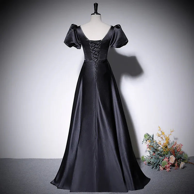 Luxurious Satin Long Evening Dress Black V Neck Puff Sleeve for Women