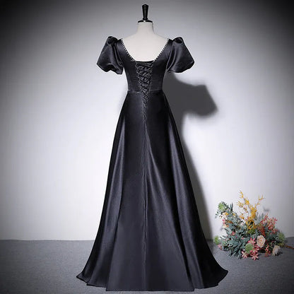 Luxurious Satin Long Evening Dress Black V Neck Puff Sleeve for Women