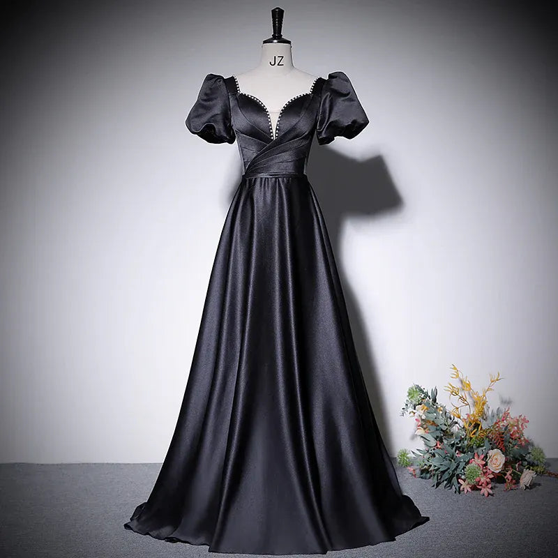 Luxurious Satin Long Evening Dress Black V Neck Puff Sleeve for Women